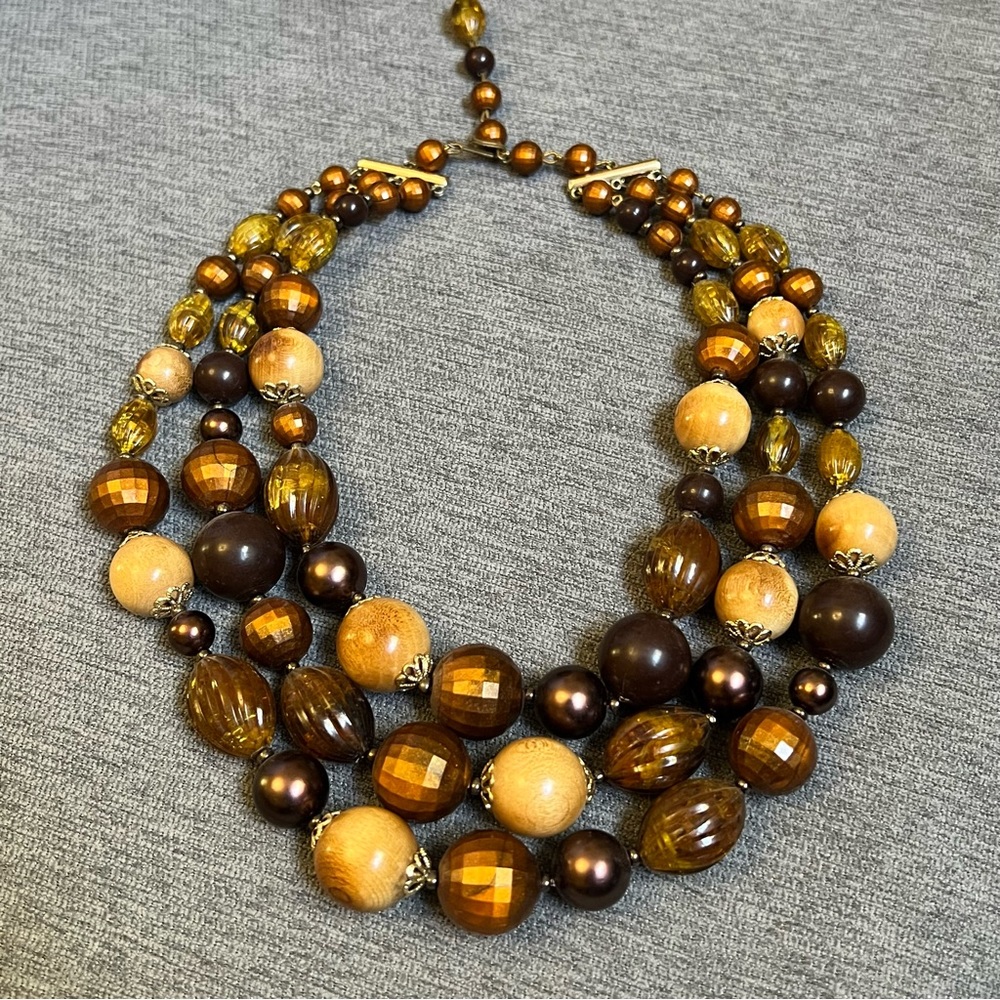 Vintage Multi Strand Brown Amber Beaded Statement Necklace
